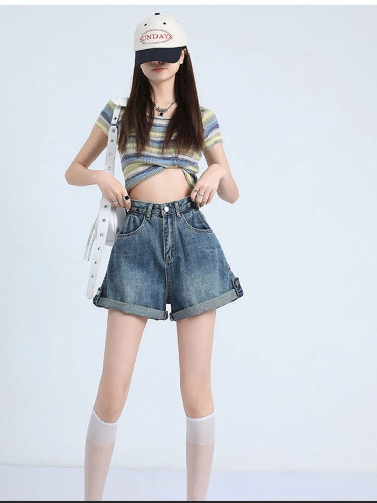 Denim shorts women in summer thin high waisted A-line slim sweet cool fashionable colorful rolled edge versatile shorts