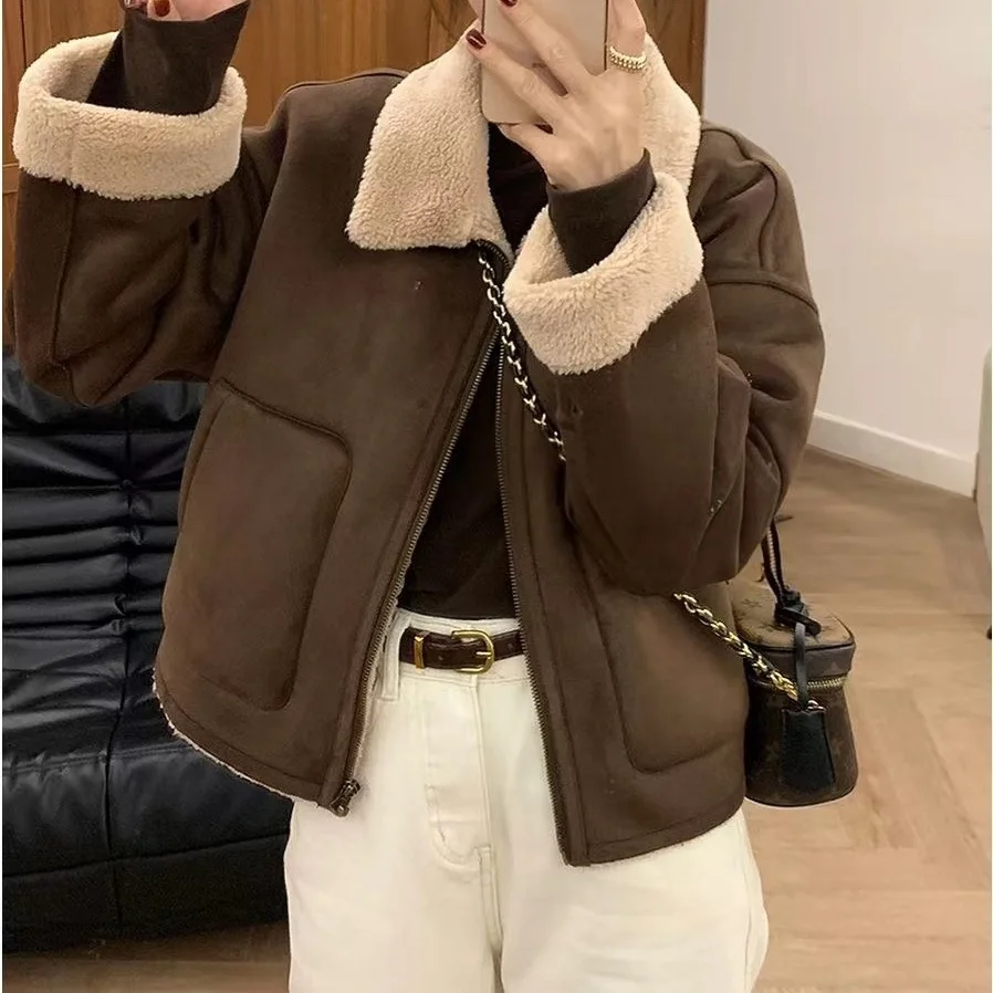 معطف Thiened Lamb Velvet Jaet للسيدات للدراجات النارية معطف كاجوال عالي الخصر من نسيج البوليستر ملابس خارجية للنساء البالغات