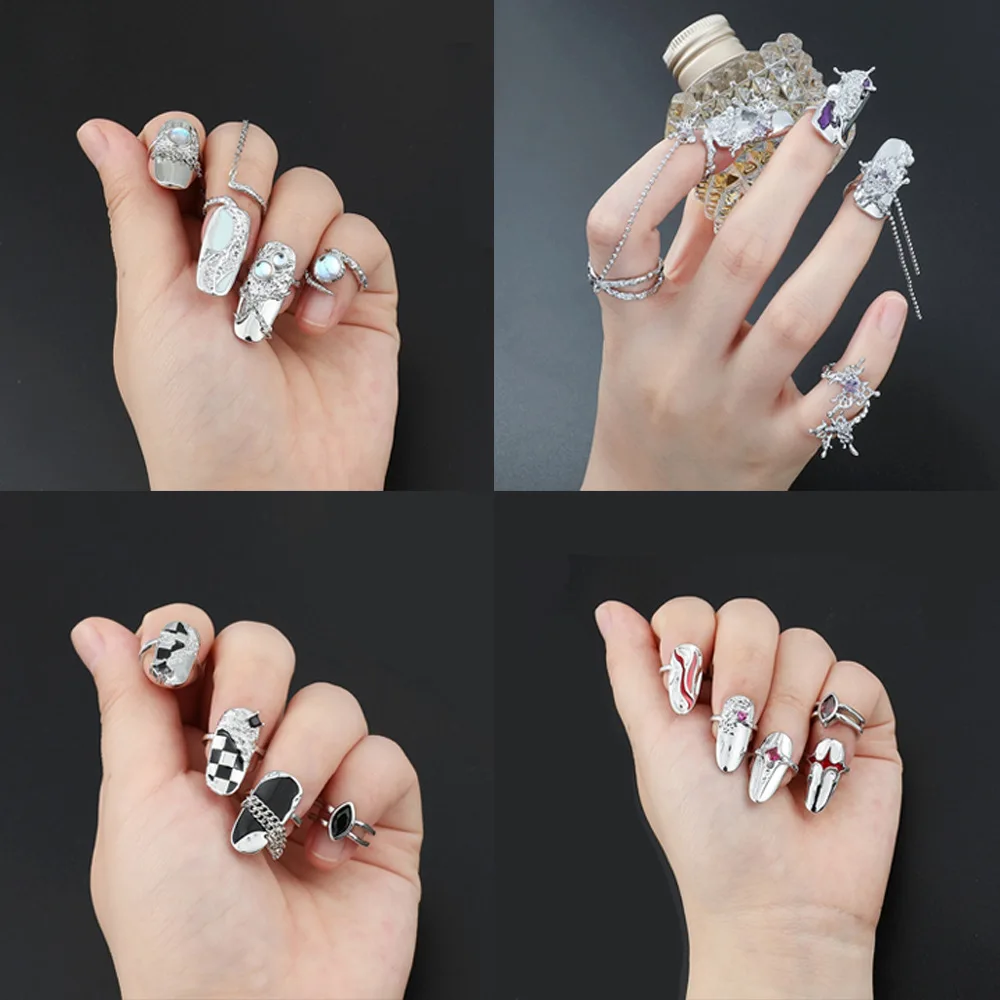 5Pcs Nail Rings For Women, Adjustable Nail Art Charms Accessories, Irregular Fingertip Nail Armor Ring Punk Jewelry