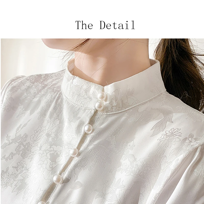 New 2024 Spring Women Shirts & Blouses Beading Long Sleeve Chiffon Blouse Women Chinese Style Elegant Woman White Top Mujer