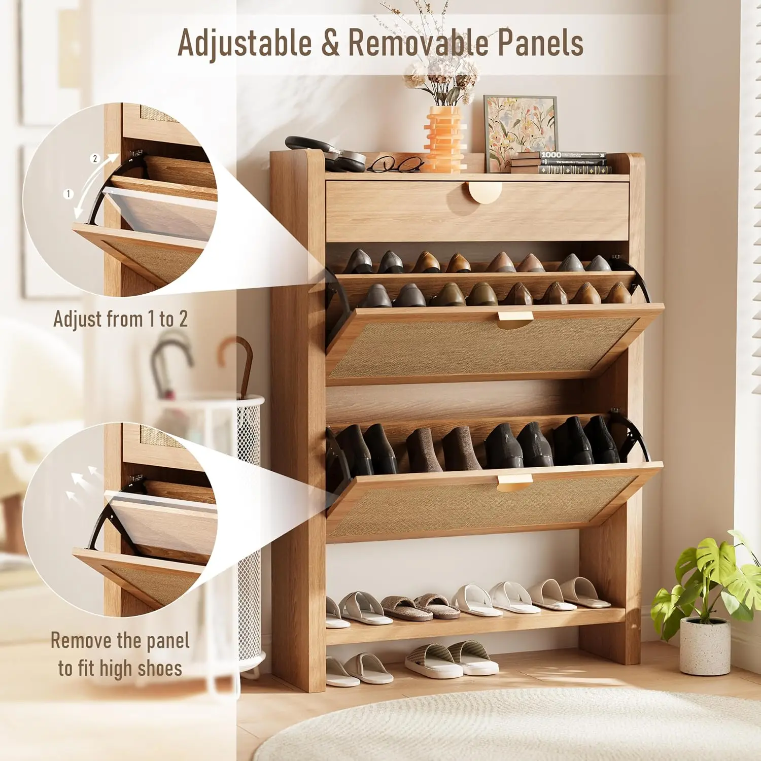 Rattan Shoe Storage Cabinet, Shoe Organizer with 2 Flip Drawers, Narrow Shoe Cabinet, Free Standing Hidden Shoe, Customized