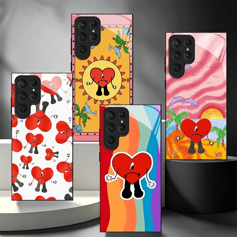 Bad Bunny Heart Glass Phone Case for Samsung Galaxy S26 S25 S24 S23 Ultra Edge S22 S21 Plus S20 FE Shockproof Cover Shell