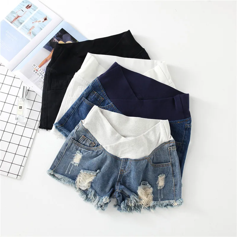 Summer High Waist Loose Maternity Shorts Hot Ripped Hole Denim Low Waist Belly Short Jeans Clothes for Pregnant Women Pregnancy