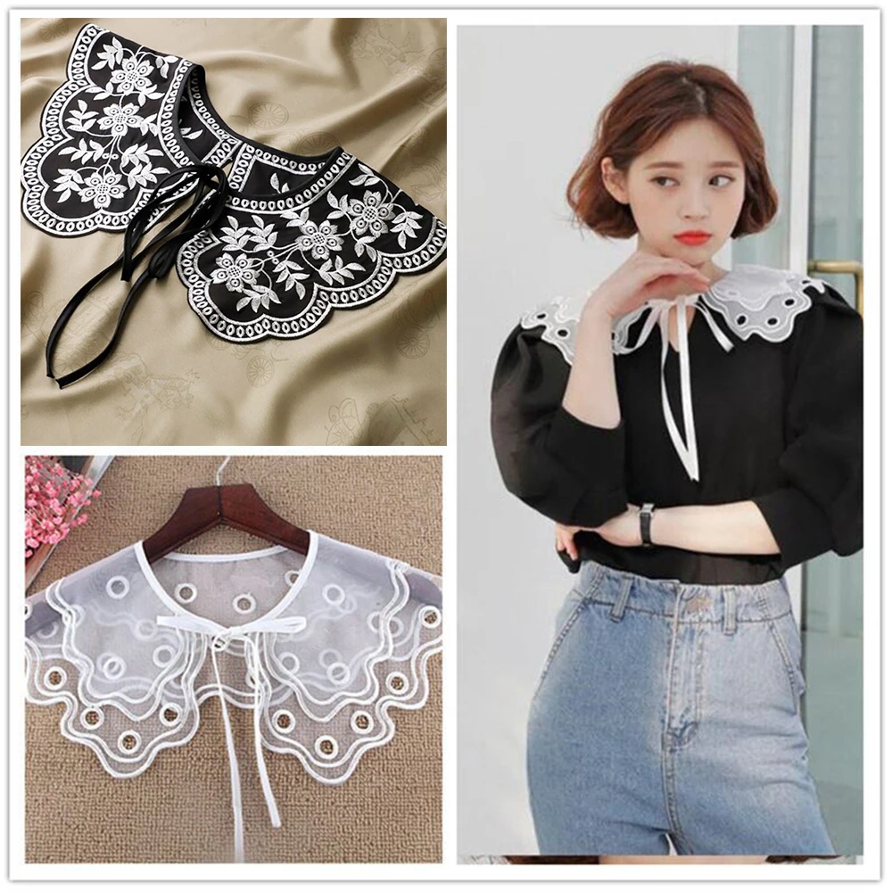 Women Detachable Lace Fake Collar Blouse Cloud Shoulder Doll Collar Embroidered Bow False Collar Clothes Shirt Accessories