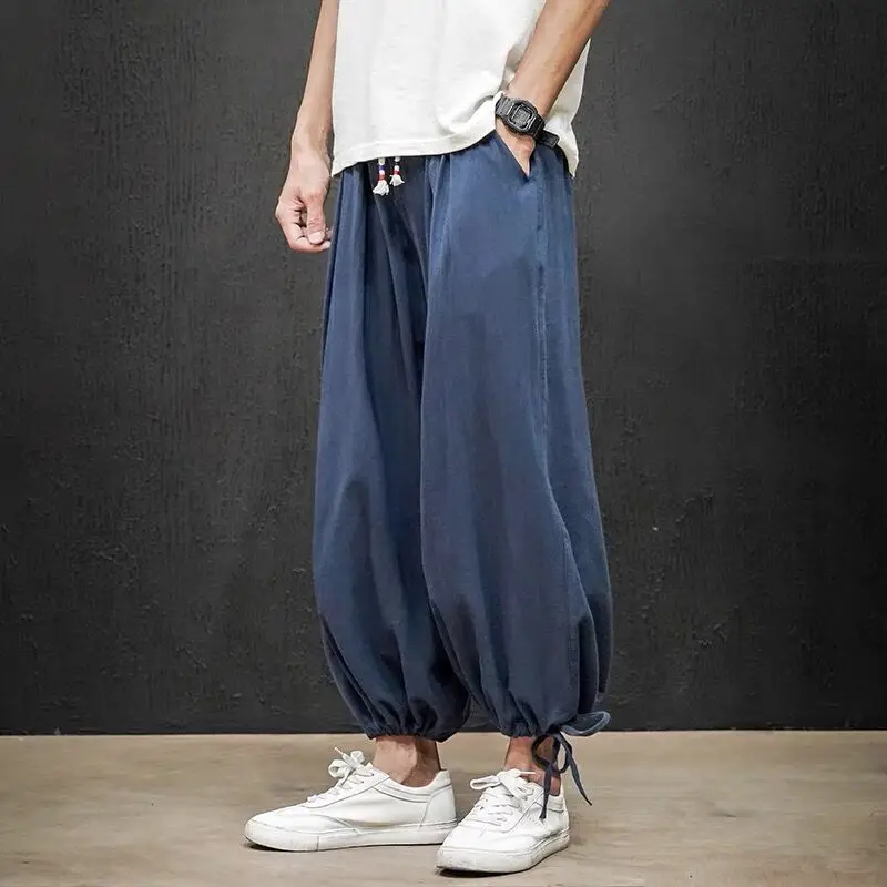 Drawstring Cuffs Men Pants Spring Summer Linen Trousers Male Casual High Street Y2K Chic Patalon Japan Harajuku Style Moto Biker