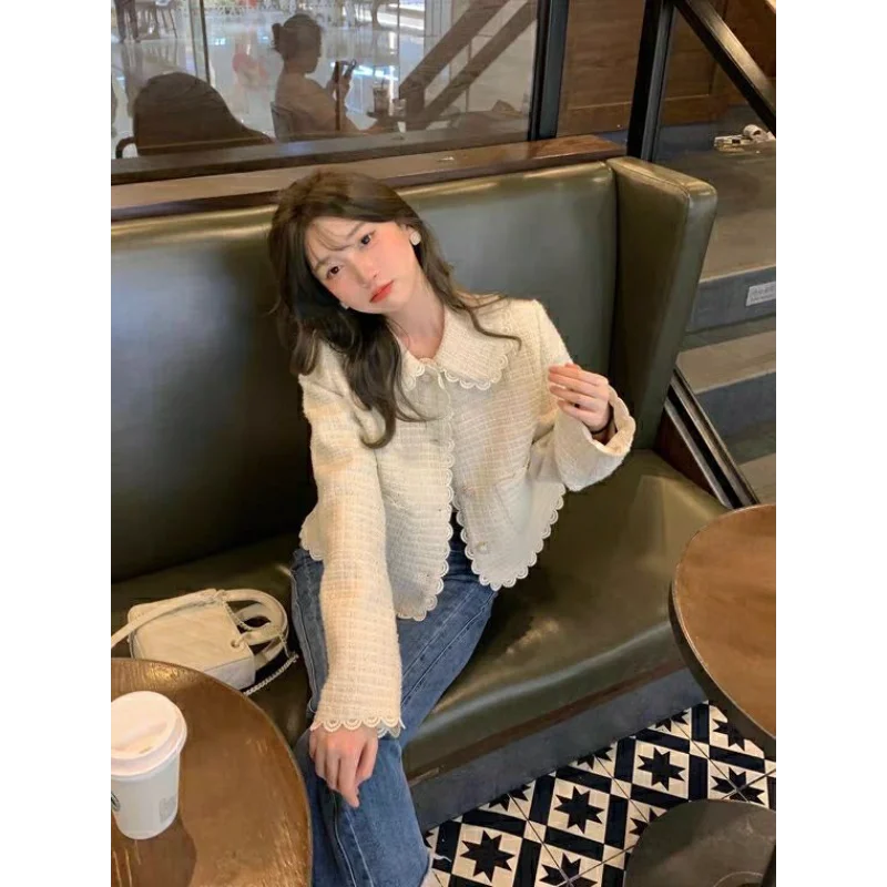 Abrigo corto con cuello de muñeca suave y manga larga con bolsillo y botones de Color liso, Top de estilo coreano para mujer