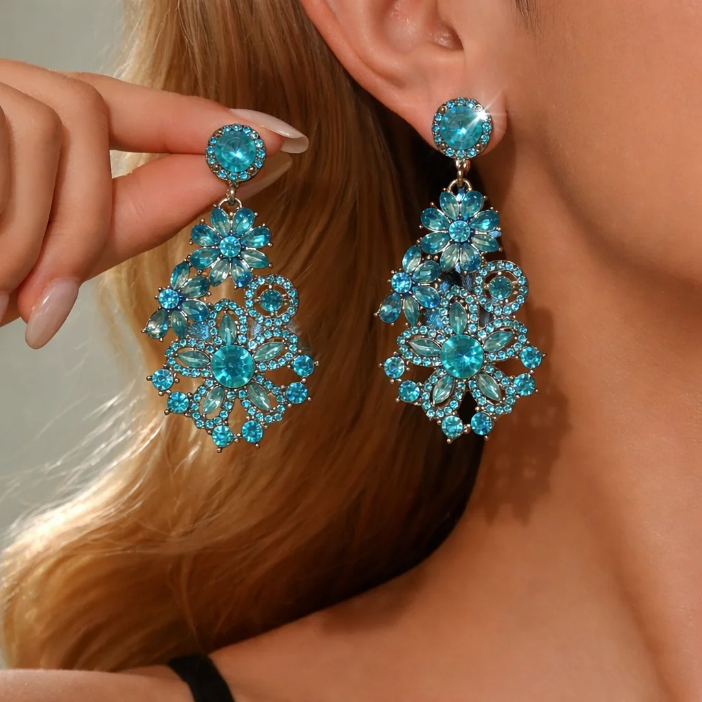 Bridal Lake Blue Flower Water Diamond Earrings Heavy Duty Surrounding Long Design Wedding Toast Dress High End Earrings