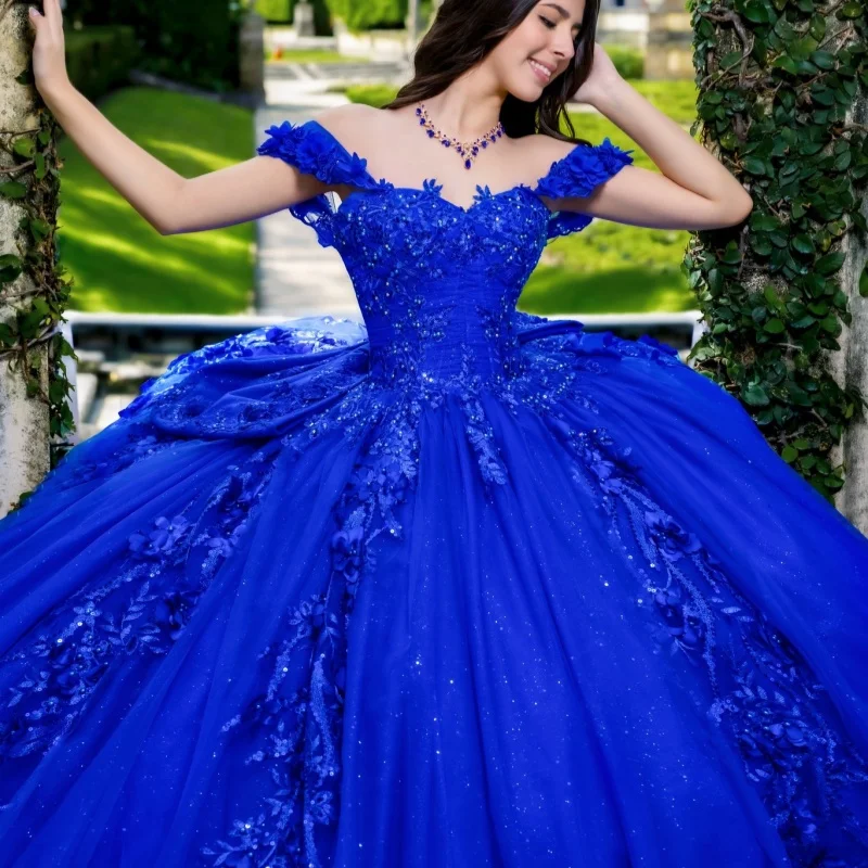 

Shiny Royal Blue Quinceanera Dress off-shoulder Glitter 3D Flower Decal LaceLong tail Bow vestidos de 15 Quinceanera ﻿Customize