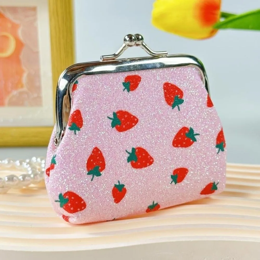 Elegant Fruit Pattern Coin Purse Strawberry Cherry Print Multifunctional Lipstick Pouch Hasp Closure Small Wallet for Girls
