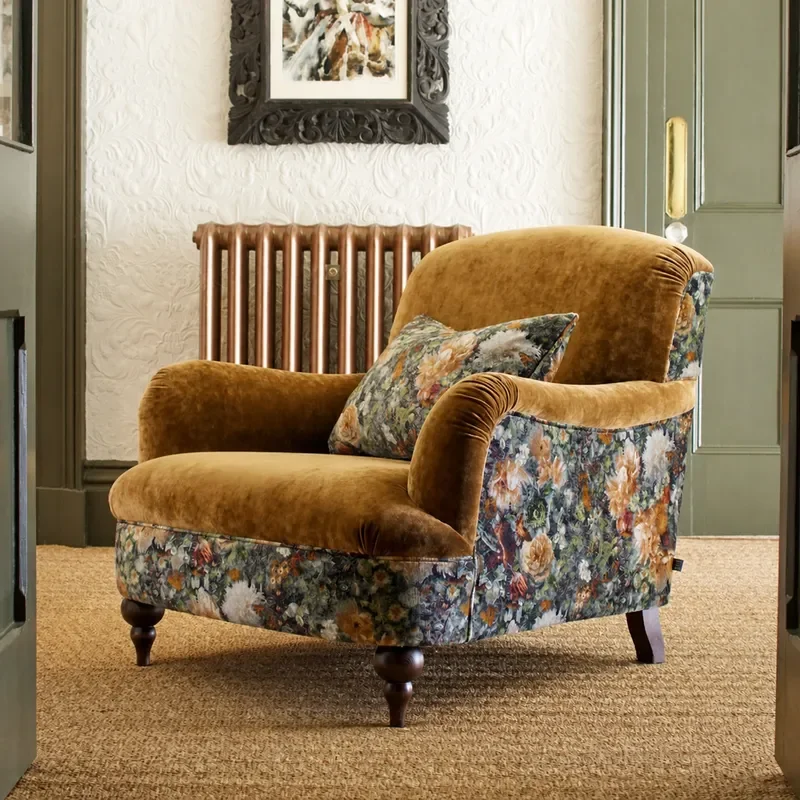 Retro Velvet Printed Sofa Chair Niche Single Seat Medieval Style Living Room Leisure Armchair