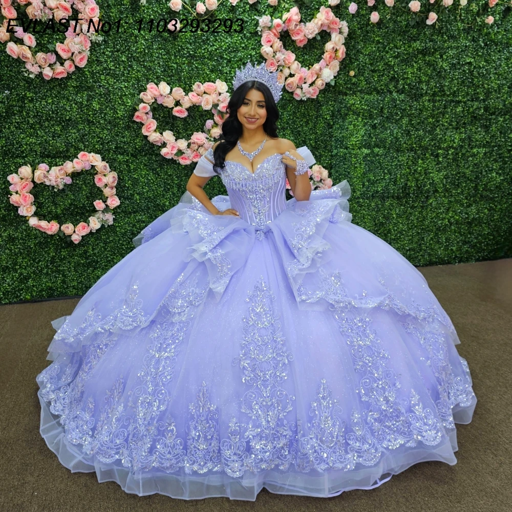 

EVLAST Customized Sparkly Lilac Ball Gown Quinceanera Dress Lace Applique Beading Tiered Sweet 16 Vestidos De 15 Anos E1QN154