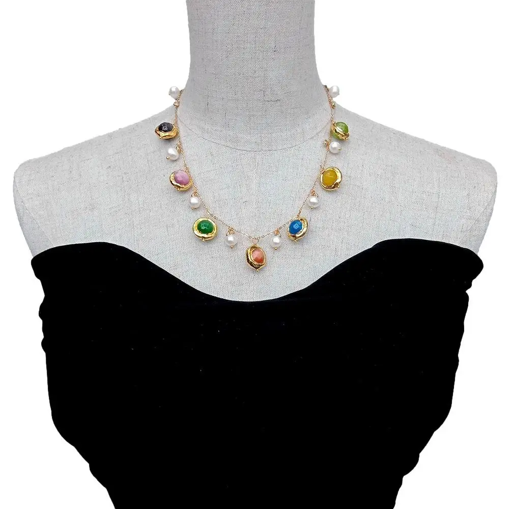 KKGEM 14mm Multi Color Cat Eye Freshwater Pearl Gold plated link chain Necklace Handmade Jewelry For Women Party