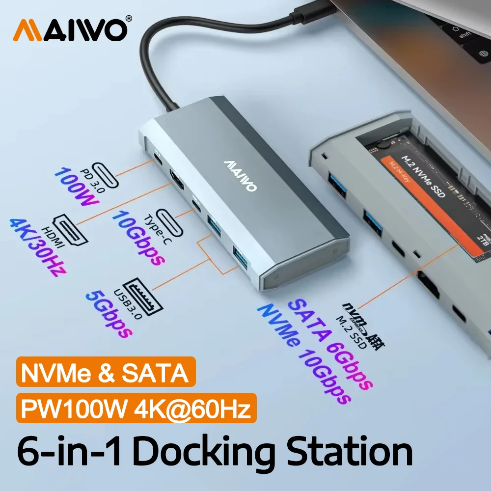 

MAIWO 6-в-1 USB-концентратор M2 NVME SATA SSD Case 6/10 Гбит/с Внешняя док-станция для жесткого диска Адаптер-концентратор Type-C с PD100W без инструментов