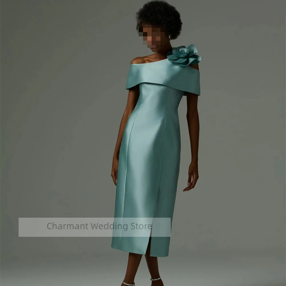 فستان سهرة بسيط من الساتان عالي الجودة مخصص أنيق بكتف واحد بدون أكمام لحفلات العودة للوطن زهور فاخرة خاصة #1