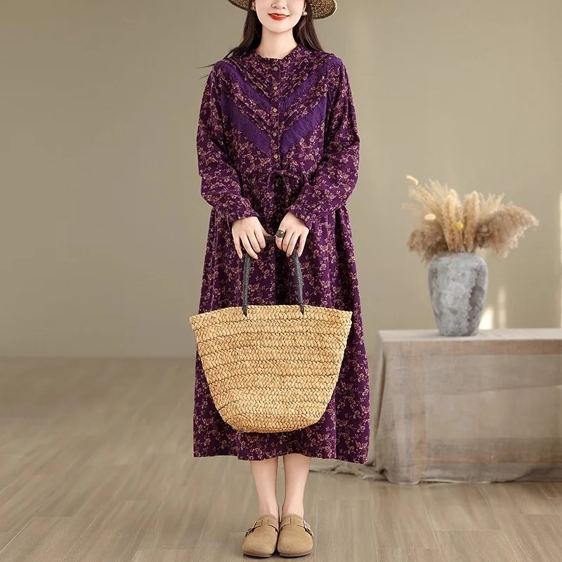 2025 Herfst Nieuwe Artistieke Retro Gebloemde Jurk Voor Vrouwen Losse Lace Up Hoge Taille A-lijn Lange Jurk Casual Kleding W717