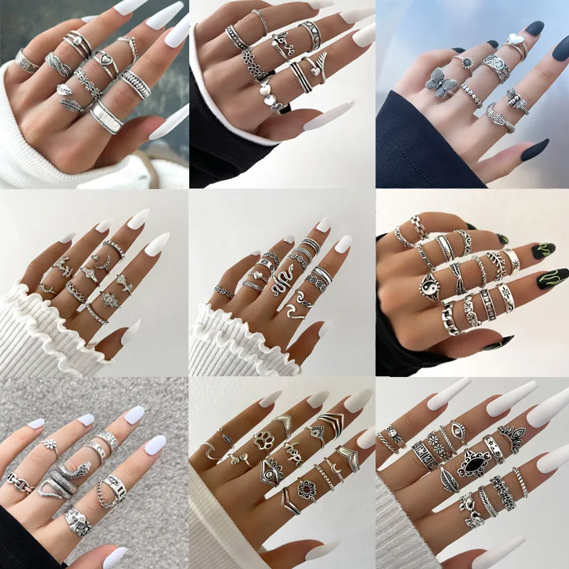 

Hiphop Vintage Silver Color Ring Set for Women Men Punk Snake Heart Butterfly Chain Finger Rings Fashion Jewelry Gift Wholesale