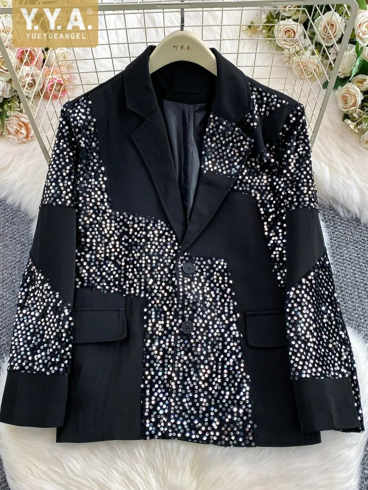 Giacca da donna casual con colletto rovesciato, vestibilità ampia, con paillettes, giacca monopetto a maniche lunghe, cappotto invernale da donna alla moda