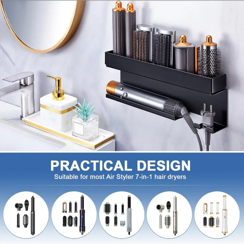 Iron No Drill Hair Tool Organizer Wall Mounted Storage Rack for Curling Iron Blow Dryer Multi Function Holder