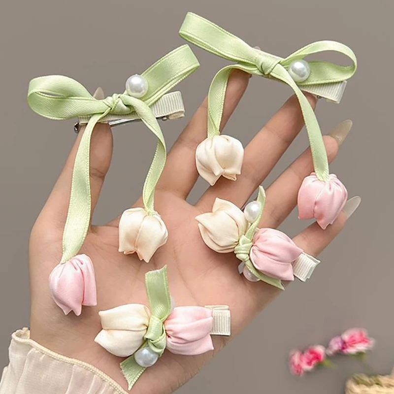 

Korean Hair Accessories Sweet Pink Tulip Flower Clip Bow Duckbill High-end Fabric Elegant Girl's Headwear