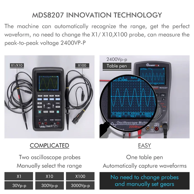 MUSTOOL MDS8207 200MS/s Sampling Rate Digital Oscilloscope Multimeter 400MHz Analog Bandwidth 6000 Counts Graphical Oscilloscope