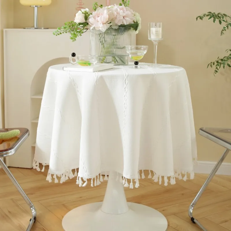 Nordic Solid Jacquard Round Table Cloth Ins-style White Simple Tablecloth Linen Tablecloth Dining Table Decor Round Table Cover