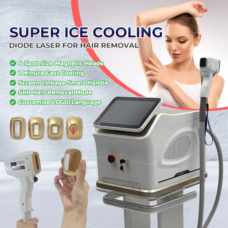 

Laser Diode for Hair Removal 4 Replaceable Magnetic Heads 3 Wavelengths 755 808 1064 SHR Freezing Point Depilation Instrument