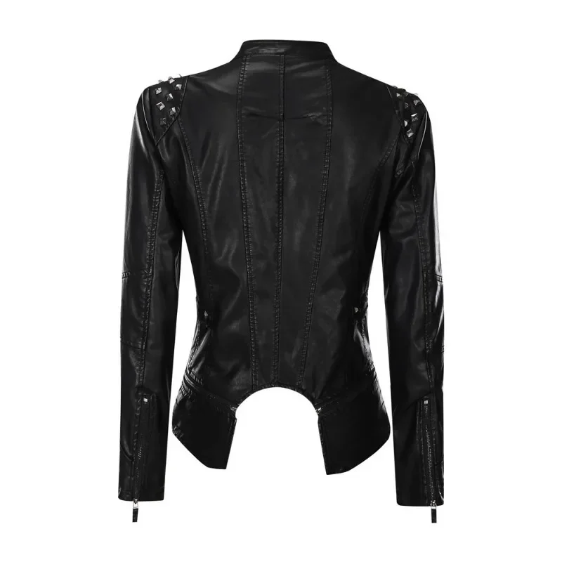 Motorcycle PU Leather Coat with Rivets for Ladies, Double Zip Lapel, Large Size, Autumn