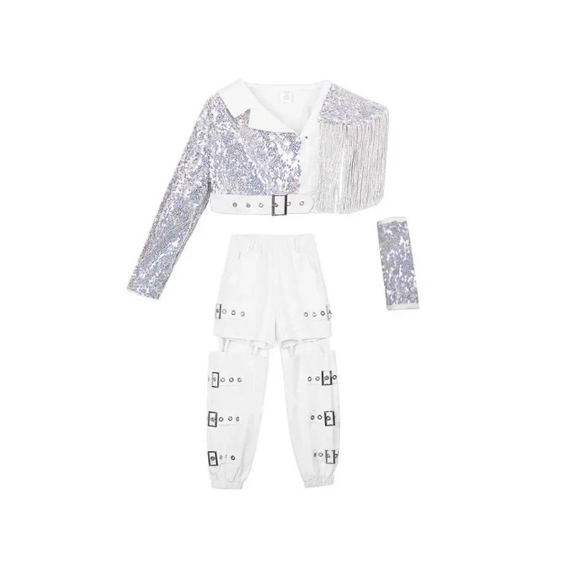 Ropa de baile de Hip-hop de calle blanca de Bear's Den, traje de pantalón para niñas, chándal, conjunto de pasarela para niños, grupo coreano Cos nuevo 2025