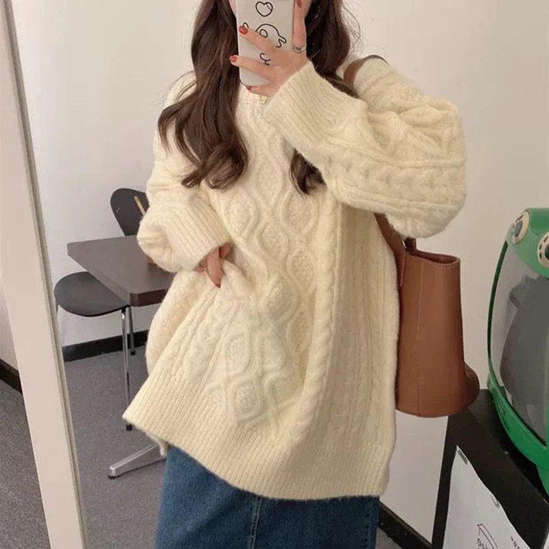 Women Oversized Chunky Cable Knit Sweater Crew Neck Long Sleeve Pullovers Plain Jumper Fall Winter Minimalist Outfit
