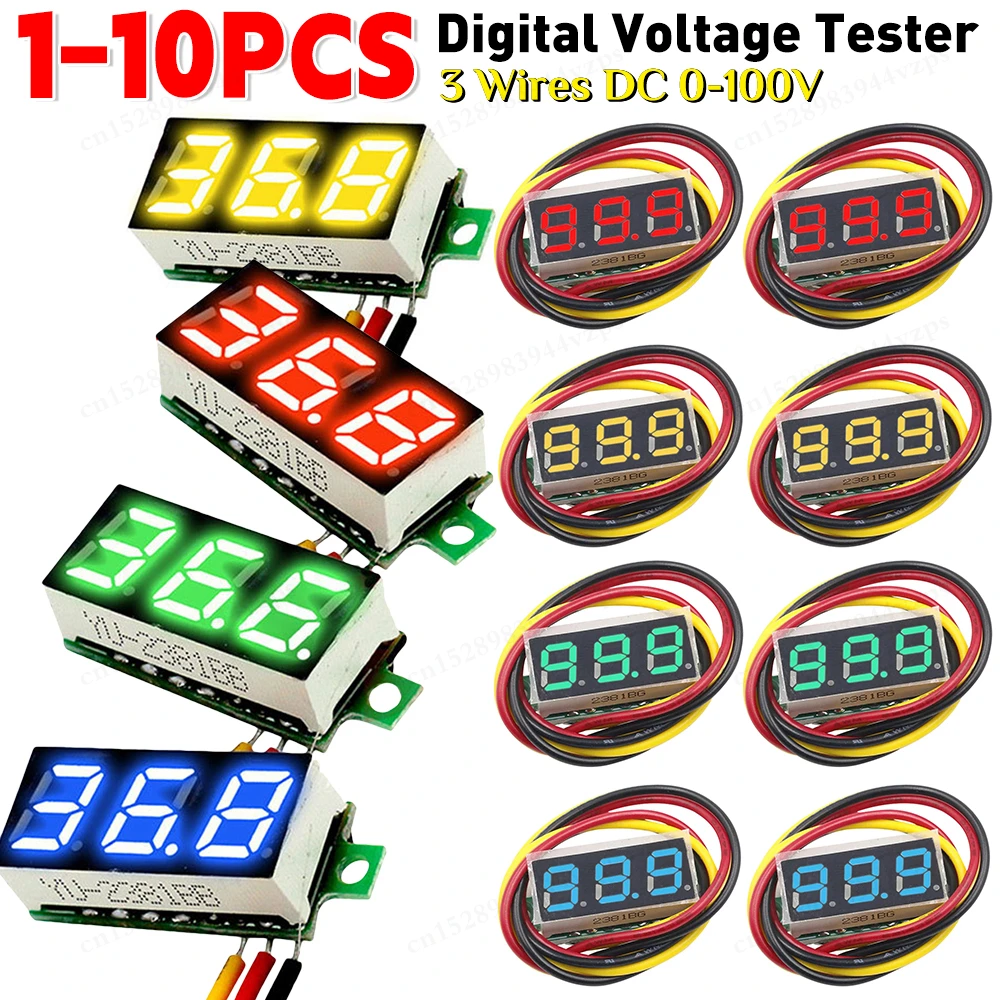 1-10X 0.28 pollici 3 fili voltmetro digitale DC 0-100V tester di tensione Mini voltmetro DC rilevatore di volt rosso verde blu giallo