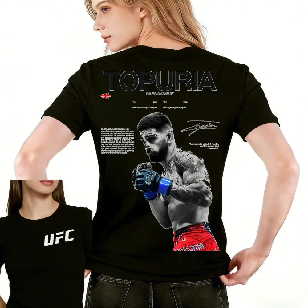 

Футболка с графическим принтом UFC Ilia Topuria, лето 2026, женская, спортивная, хлопковая, с коротким рукавом, свободного кроя, для отдыха и фитнеса, унисекс