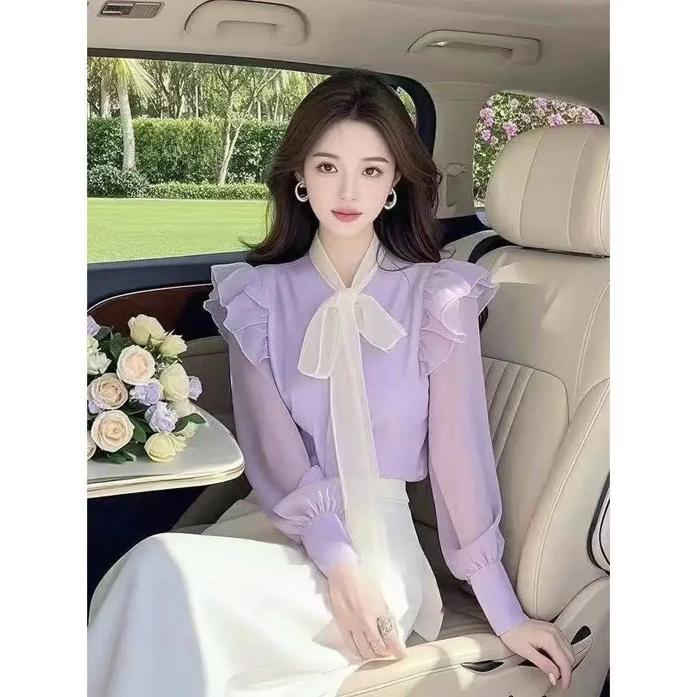 

2025 Spring Autumn New Top French-style Spring Blouse High-end Feel Suitable Commuting White Ribbon Purple Chiffon Blouse Women