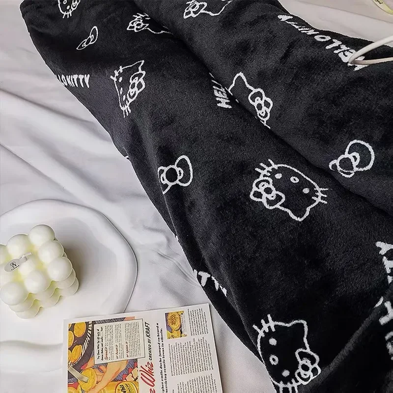 

Anime Hello Kitty Flannel Pajamas Black Women's Warm Woolen Cartoon Casual Home Pants In Autumn Winter Fashion Trousers