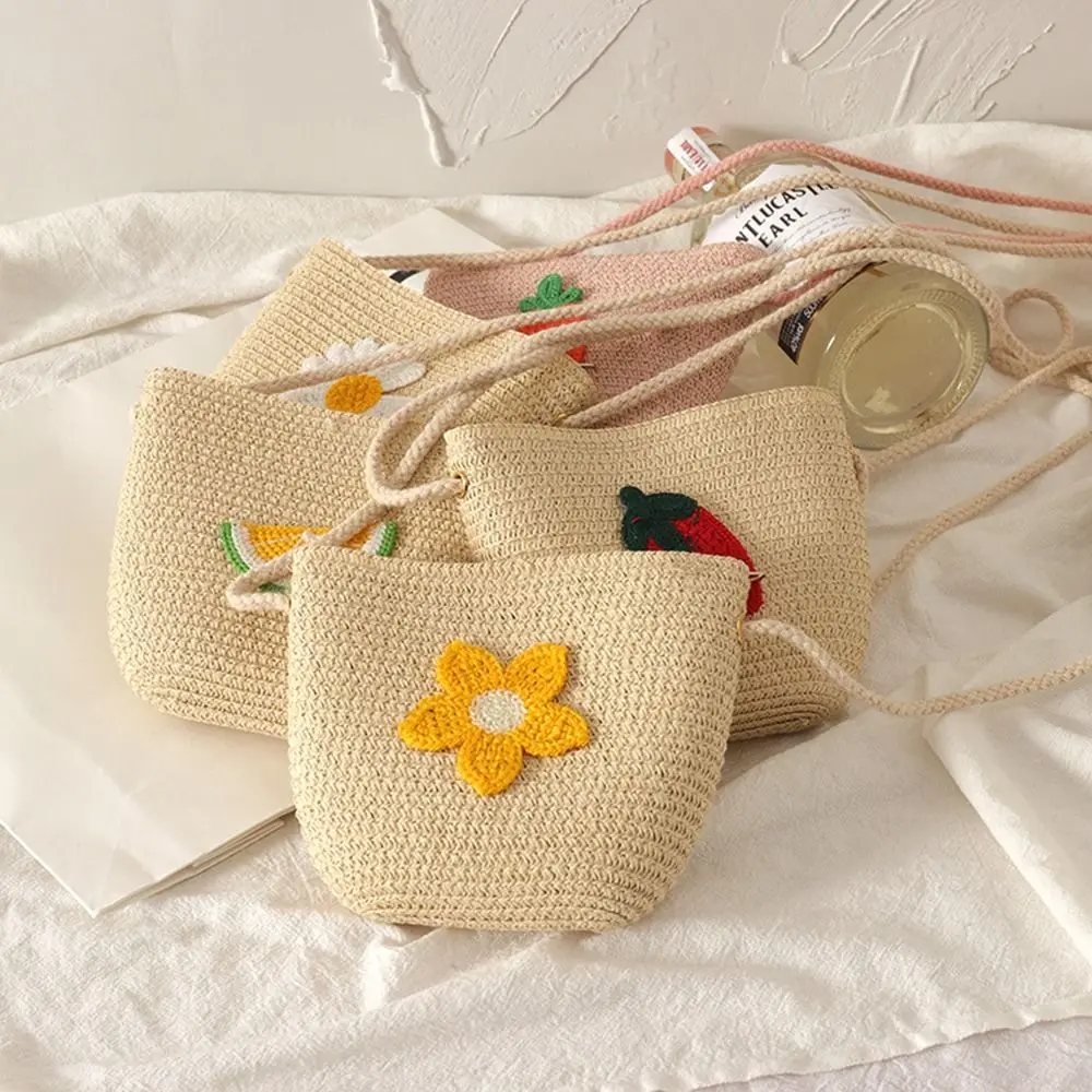 Fashion Straw Children's Straw Beach Bag Casual Heart Pattern Crossbody Bag Cute Handbag Kids