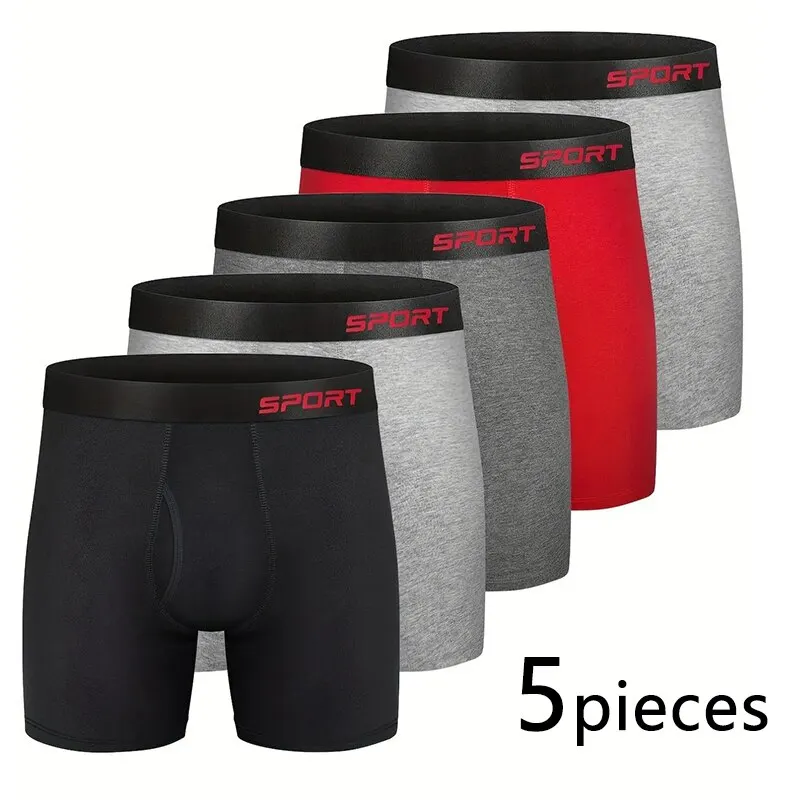 5 Pieces Men Sports Boxers Underwear Underpants Letters Wide Band Multicolor M L XL Breathable Ventilate Fashion Fitness Sports