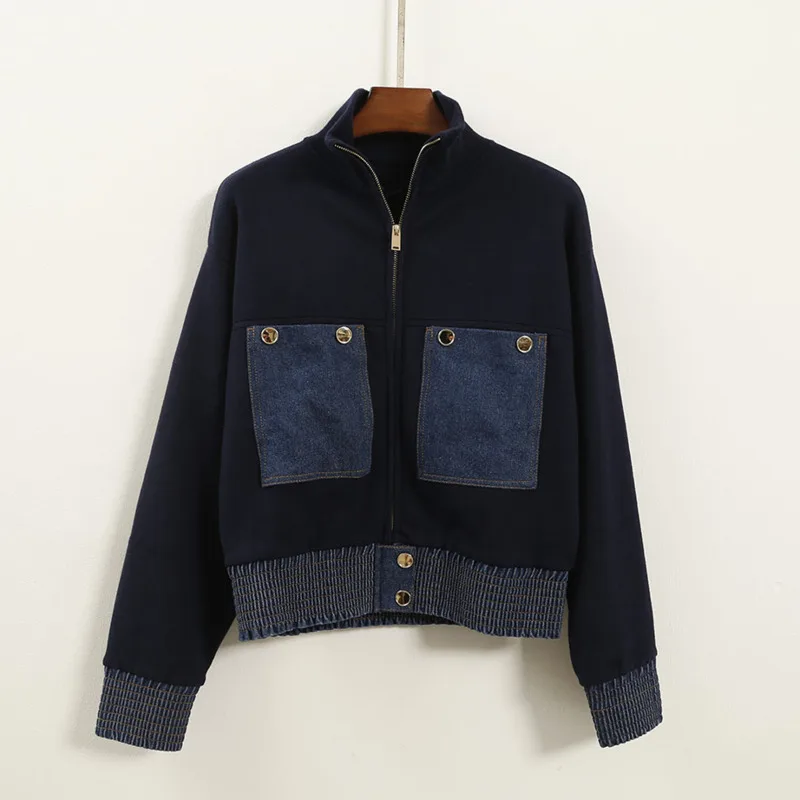 [EWQ] abrigo de punto de manga larga con diseño vaquero de retales de estilo Vintage, prendas de vestir exteriores, Chaqueta corta elegante a la moda para mujer, otoño 2025, nuevo O2872