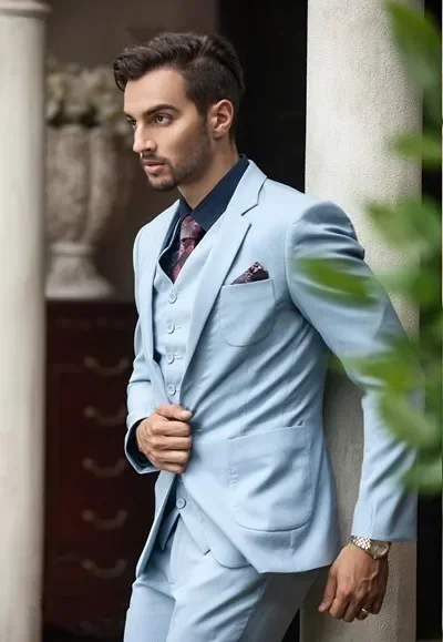 Sky Blue Wedding Suits For Men Smart Casual Jacket Slim Fit 3 Piece Elegant Tuxedo Custom Groom Prom Blazer Sets Terno Masculino