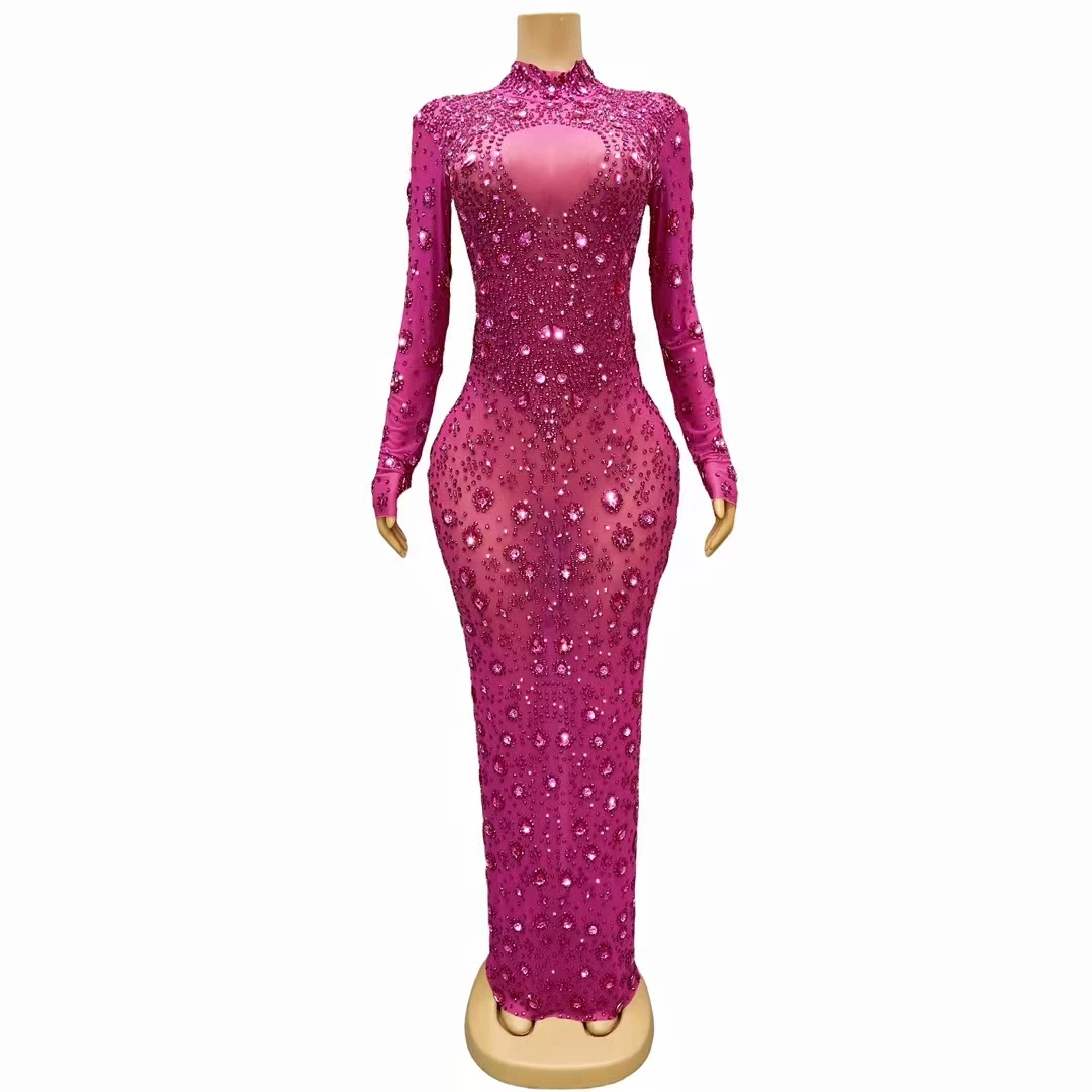 Lady Crystals Diamond Wedding Dress Long Sleeve Elegant Pink Party Show Dress Women Luxury Birthday Club Diamond Evening Dress