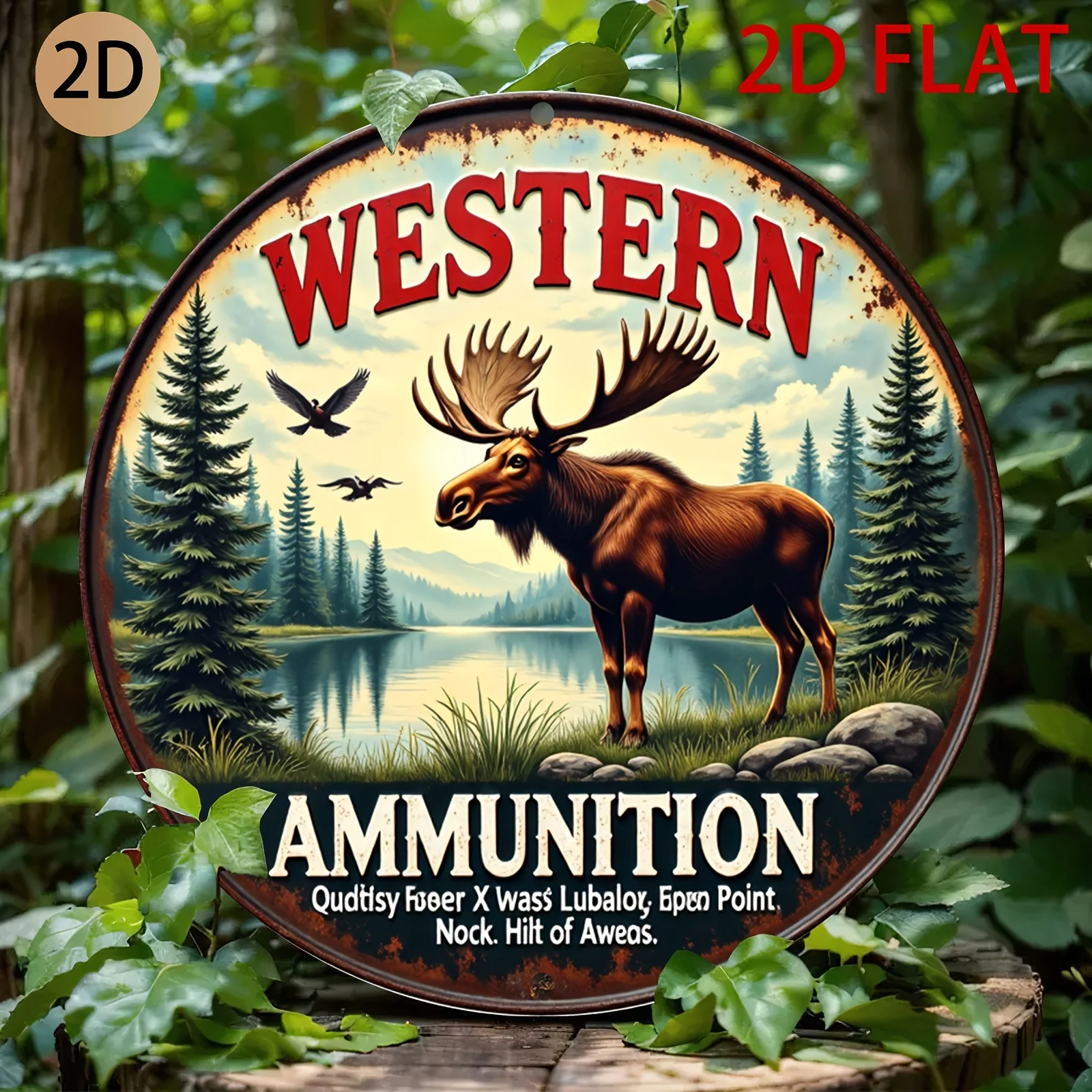 2D Flat - A Round Vintage Tin Sign for The 2D Plane Showcasing a Moose And a Woodland Backdrop, Adorned with The Words WESTERN A