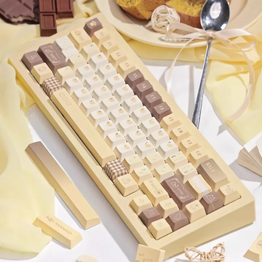 マンゴーラテテーマキーキャップセット 145 キー PBT カスタムかわいい黄色キーボードキャップチェリー/FOA プロファイルゲーミングキーキャップメカニカルキーボード用
