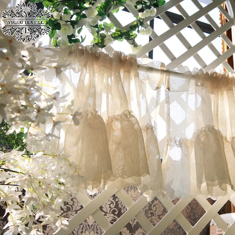 Japanese Style Flax Yarn Lace Short Curtains French Pastoral Tulle Decoration Half Curtain Gauze Kitchen Tassel Valance