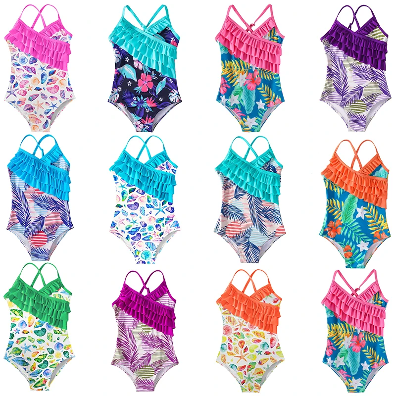 2024 Summer Teenager Girls Swimwear One Pieces Girls Swimsuit Ruffle Print Kids Bikini Sets Children Beach Swimsuit Bathing Set