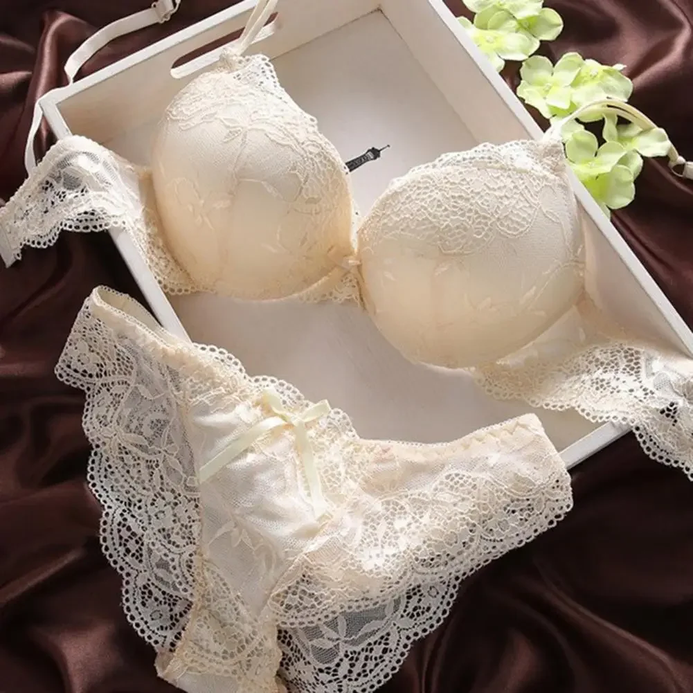 

2 Pcs/Set Women Underwear Set Bra Panties Set Lace Push Up Elastic Bow-knot Back Closure Solid Color Soft Padded With Wire