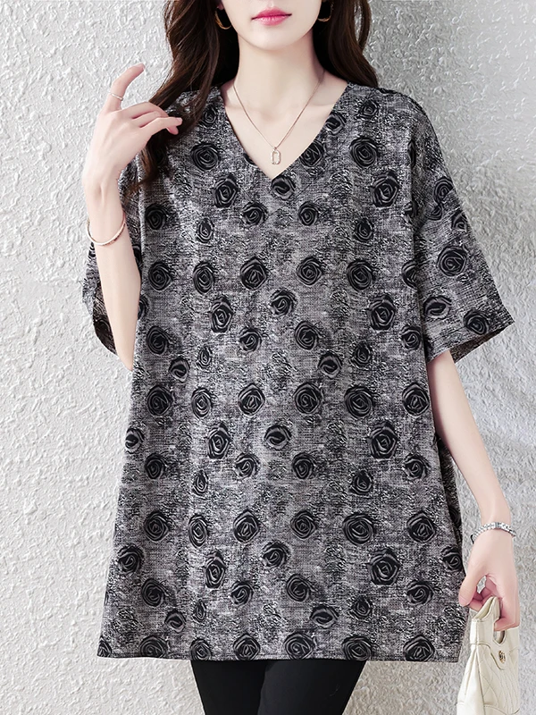 

Rose Garden Summer 2026 Women's Casual Loose Short Sleeve T-Shirt Slimming Versatile Comfortable V-Neck Mid-Length Fashionable