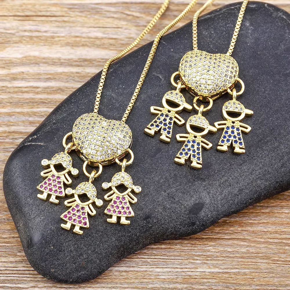 Boy And Girl Sweet Cartoon Pendant Son&Daughter Necklace Cubic Zircon Link Chain Women Fashion Jewelry Mother's Day Gifts