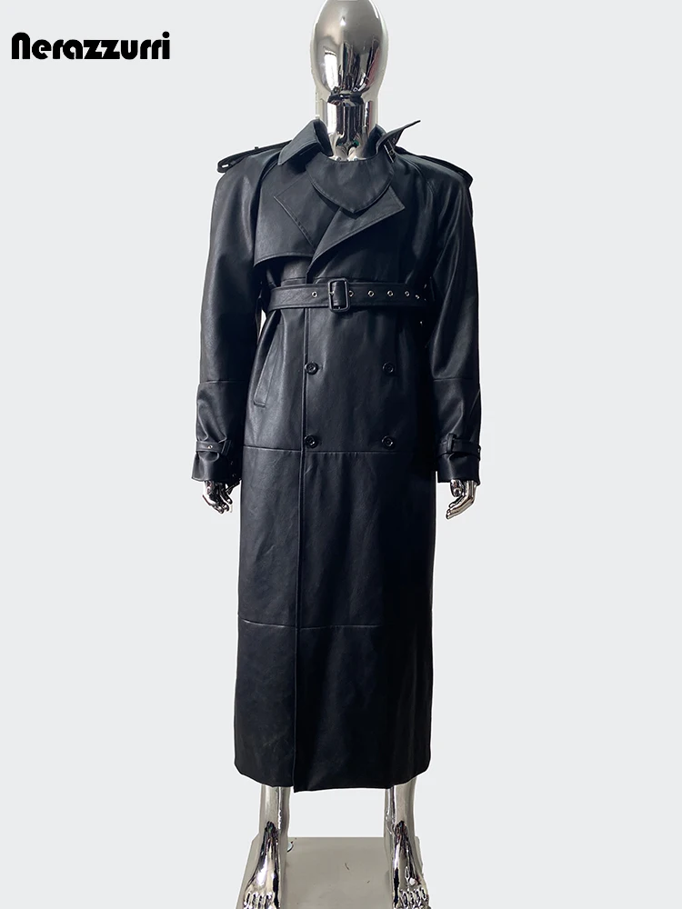 Nerazzurri Autumn Cool Extra Long High Quality Waterproof Black Pu Leather Trench Coat for Women Belt Luxury Designer Clothes