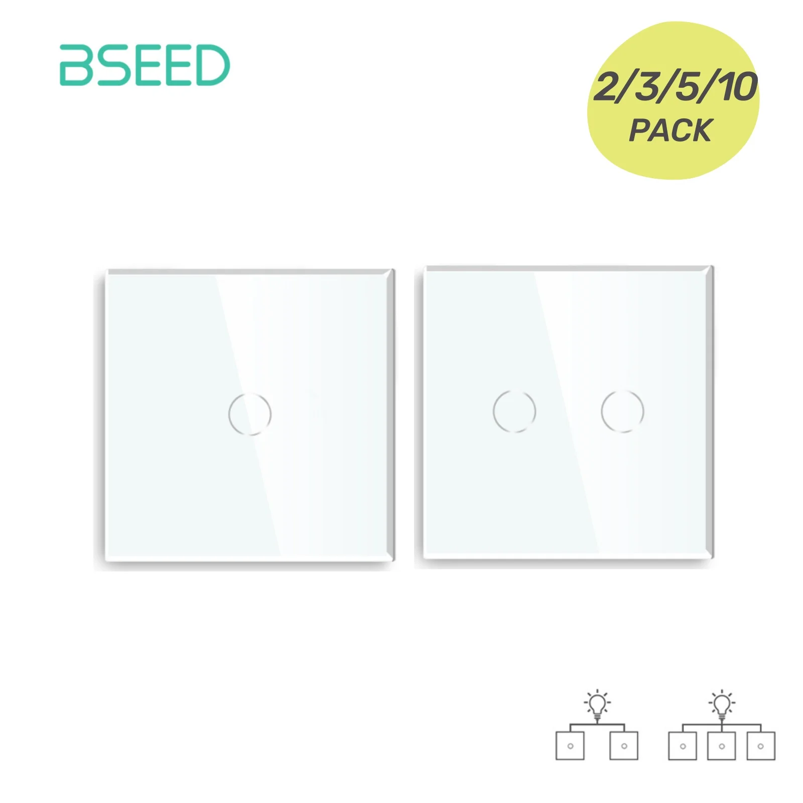 Interrupteurs tactiles BSEED 1/2 Gang 2 voies, interrupteurs muraux pour éclairage, écran tactile en verre, interrupteurs domestiques, rétroéclairage LED bleu, norme européenne, blanc
