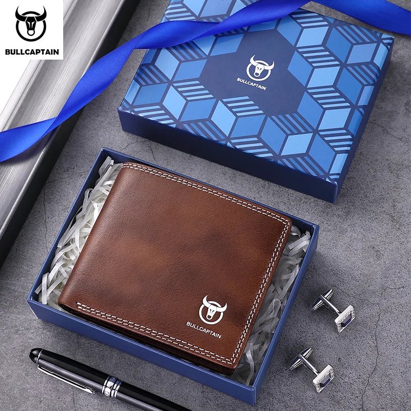 BULLCAPTAN Genuine Leather Men's Wallet RFID Function Fashion Men's Card Clip Wallet Latest Gift Box Men's Business Wallet QB032
