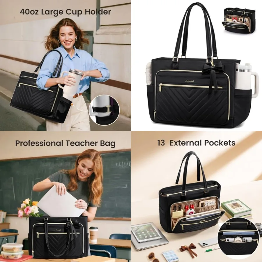 

Laptop Tote Bag for Women, Work Bag Teacher Tote with Large Cup Holder, Quilted Nurse Diaper Bag for Travel, Computer Women's h
