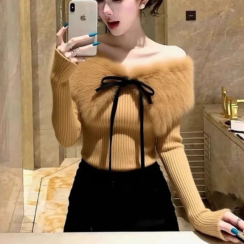 Sexy Off Shoulder Knit Crop Sweater Women Korean Big Fur Collar Patchwork Pullover Lace Up Long Sleeve Sweet Bow Slim Jumper Top